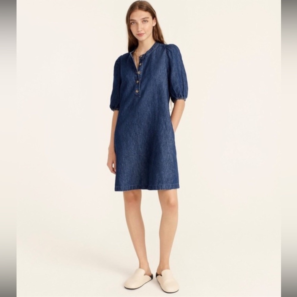 J Crew Women’s Short Puff Sleeve Denim Popover Midi Dress, Dark Wash, size XL